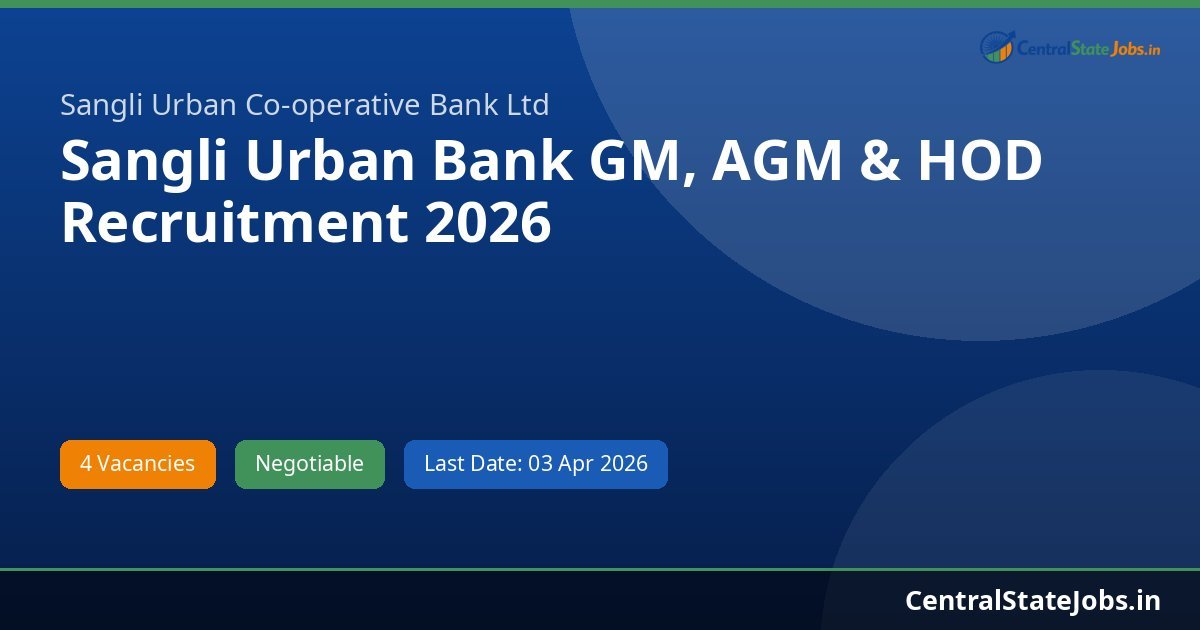 Sangli Urban Bank GM, AGM & HOD Recruitment 2026