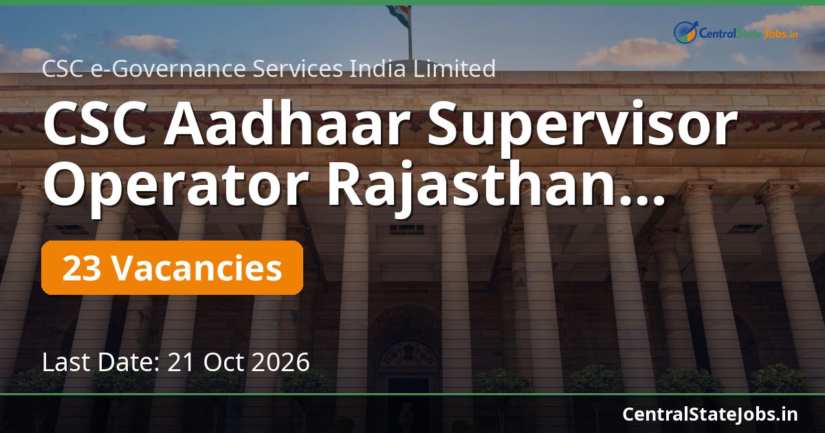 CSC Aadhaar Supervisor Operator Rajasthan Recruitment 2026