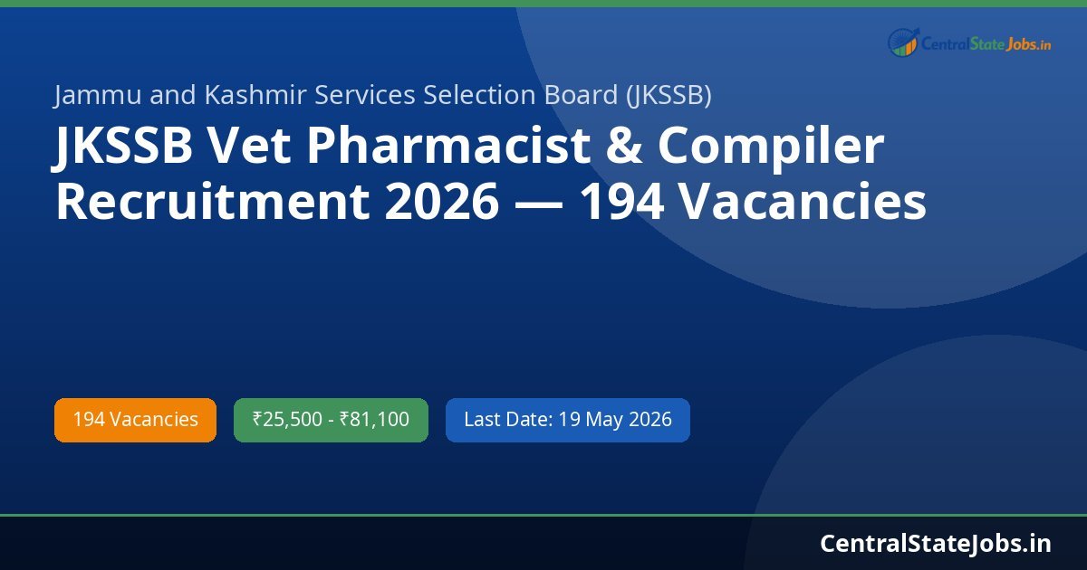 JKSSB Vet Pharmacist & Compiler Recruitment 2026 — 194 Vacancies