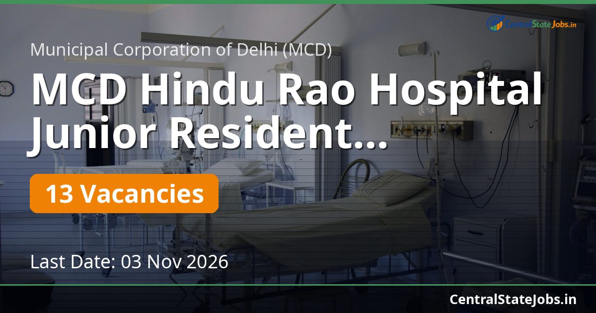 MCD Hindu Rao Hospital Junior Resident Recruitment 2026
