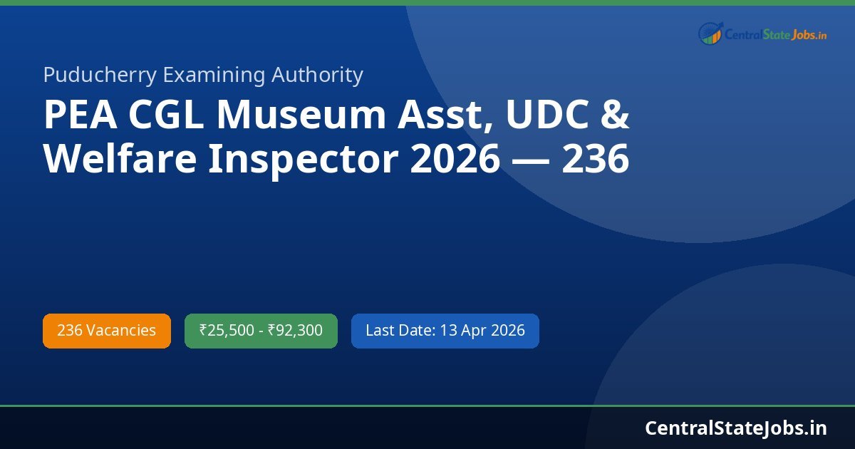 PEA CGL Museum Asst, UDC & Welfare Inspector 2026 — 236 Vacancies