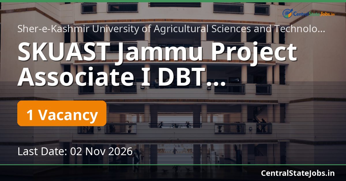 SKUAST Jammu Project Associate I DBT Recruitment 2026