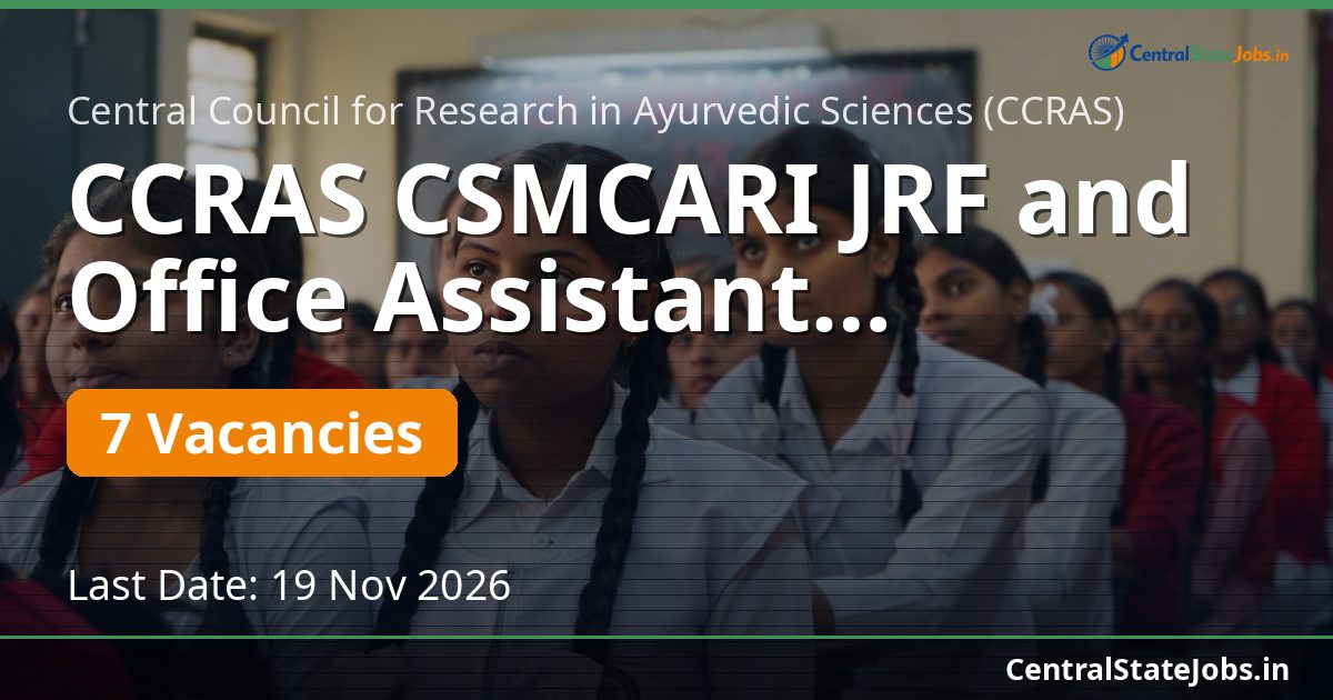 CCRAS CSMCARI JRF and Office Assistant Recruitment 2026 | Central State ...