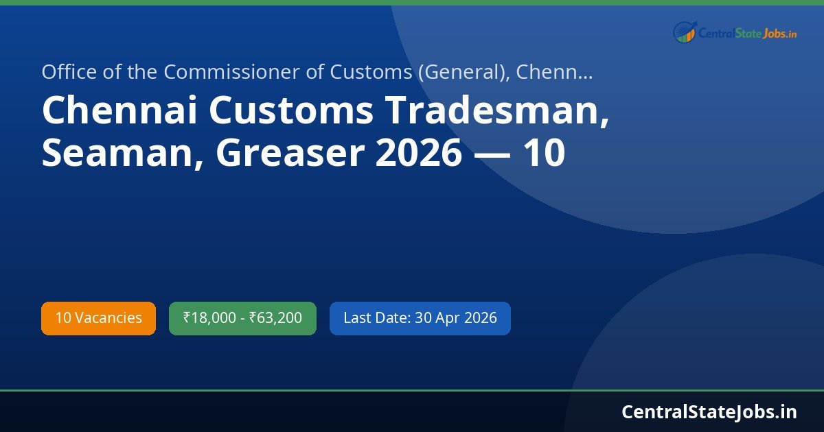 Chennai Customs Tradesman, Seaman, Greaser 2026 — 10 Vacancies
