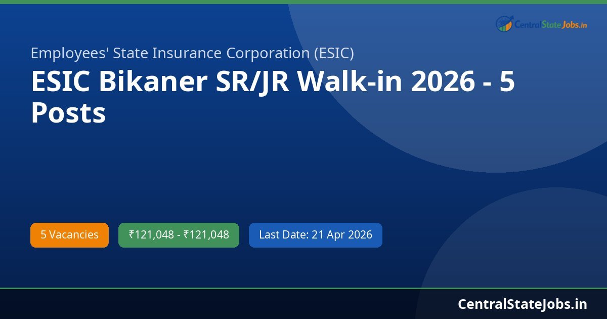 ESIC Bikaner SR/JR Walk-in 2026 - 5 Posts