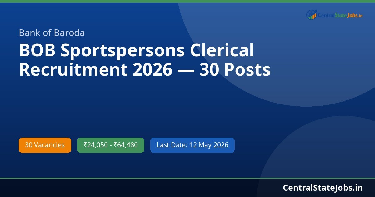 BOB Sportspersons Clerical Recruitment 2026 — 30 Posts