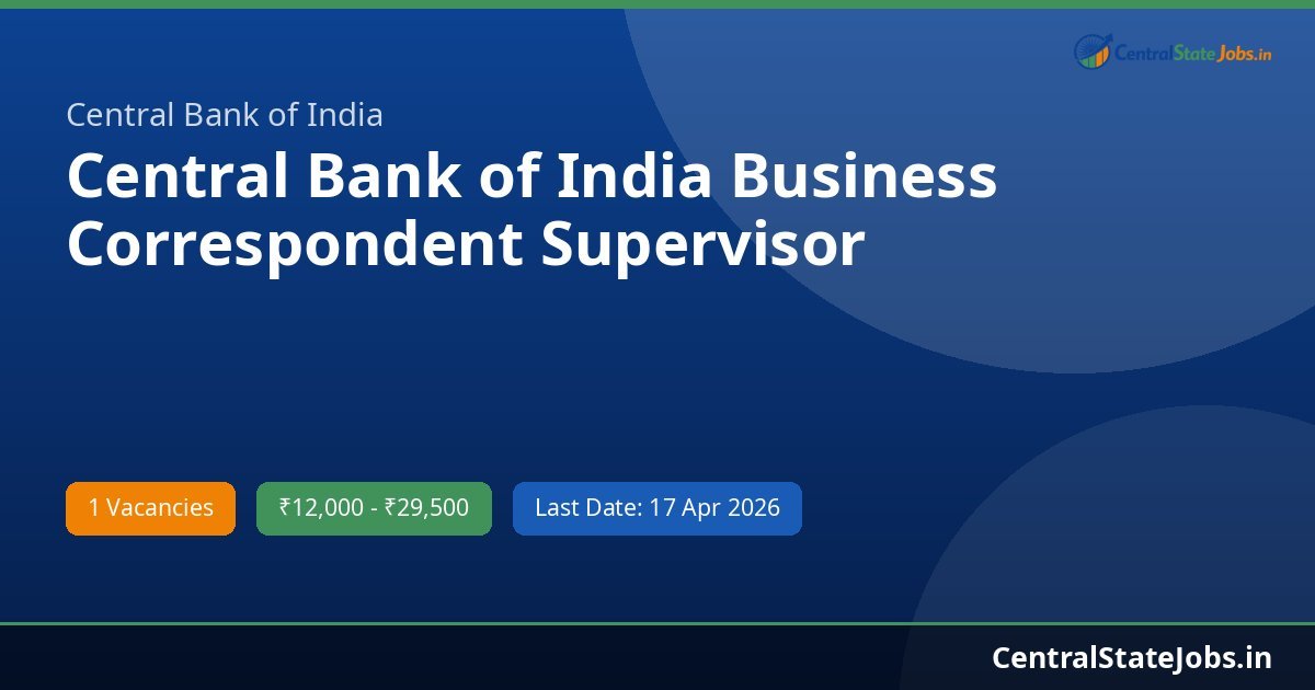 Central Bank of India Business Correspondent Supervisor Recruitment 2026