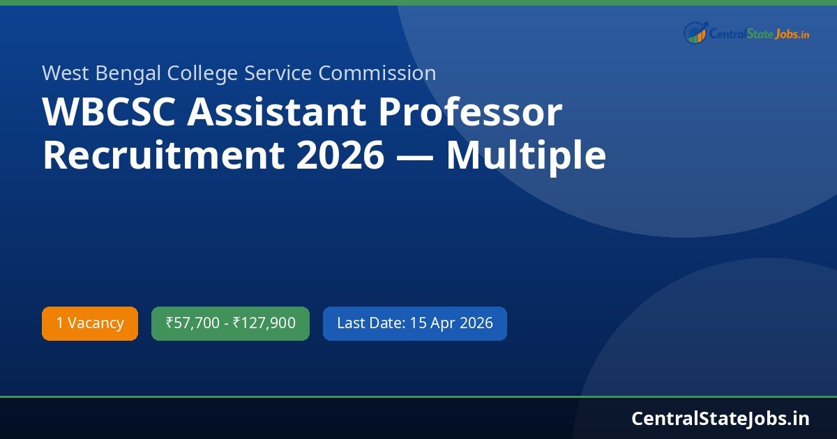 WBCSC Assistant Professor Recruitment 2026 — Multiple Subjects | Rs 57,700 Starting Salary