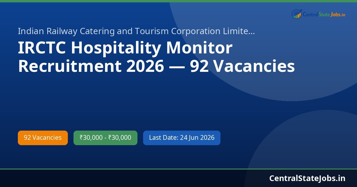 IRCTC Hospitality Monitor Recruitment 2026 — 92 Vacancies