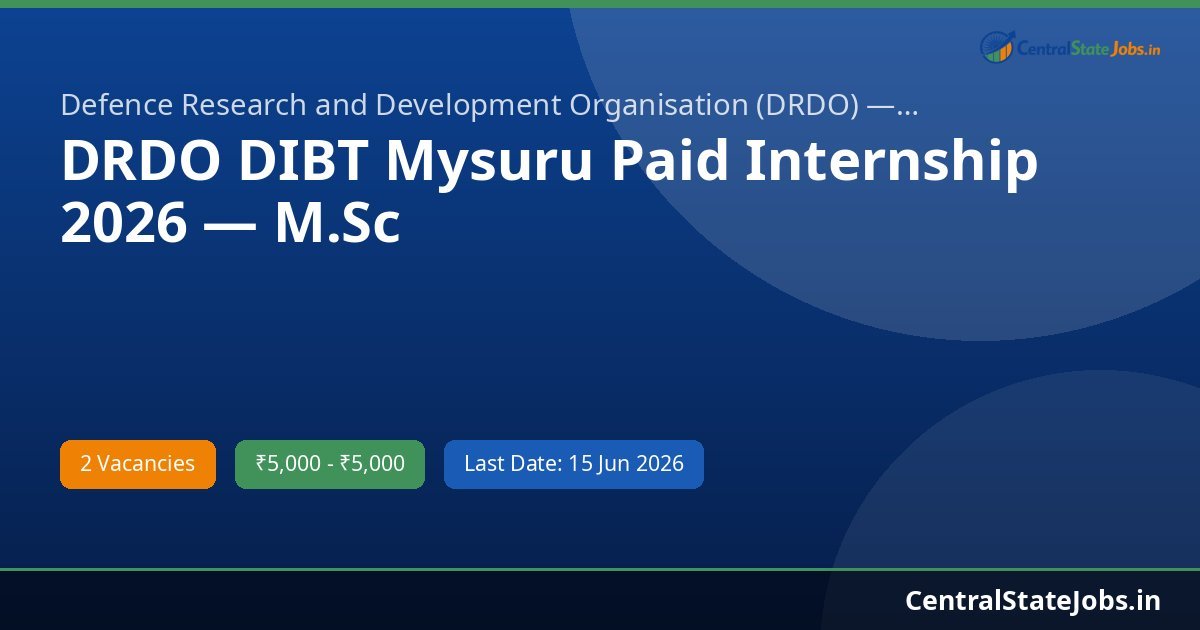 DRDO DIBT Mysuru Paid Internship 2026 — M.Sc