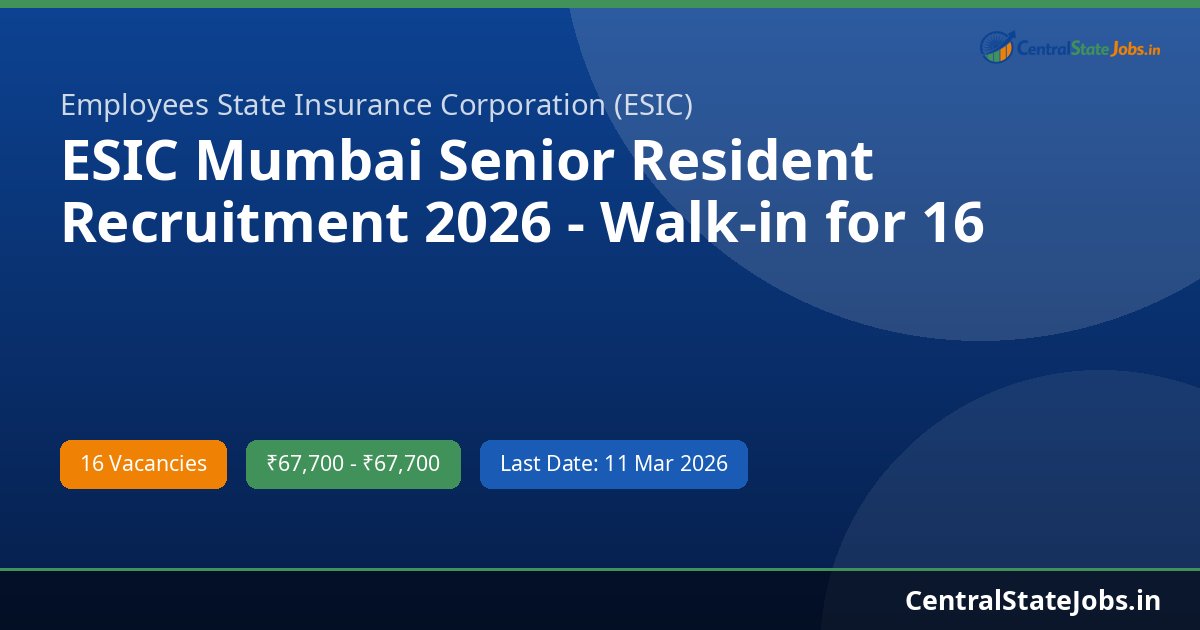 ESIC Mumbai Senior Resident Recruitment 2026 - Walk-in for 16 Posts