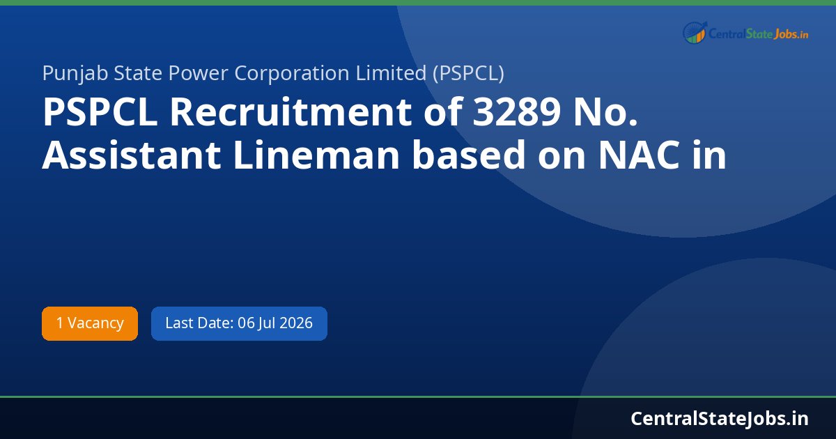 PSPCL Recruitment of 3289 No. Assistant Lineman based on NAC in Recruitment 2026