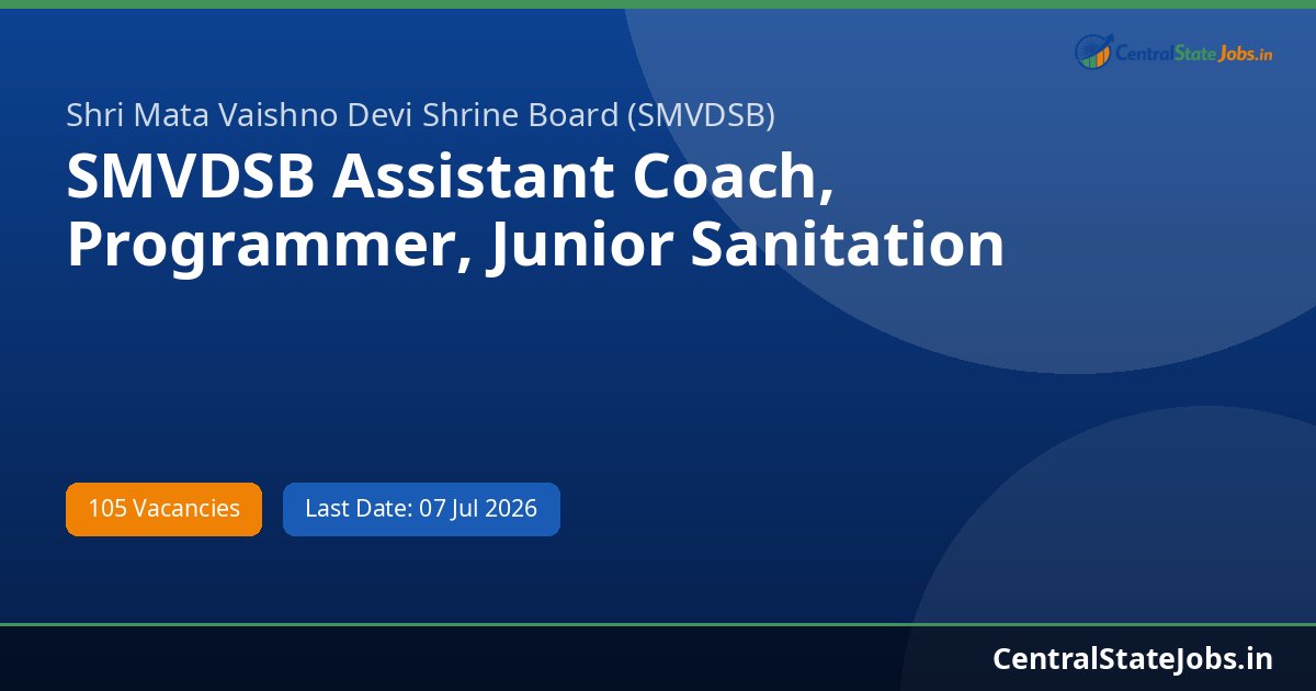 SMVDSB Assistant Coach, Programmer, Junior Sanitation Supervisor Recruitment 2026 - 105 Vacancies