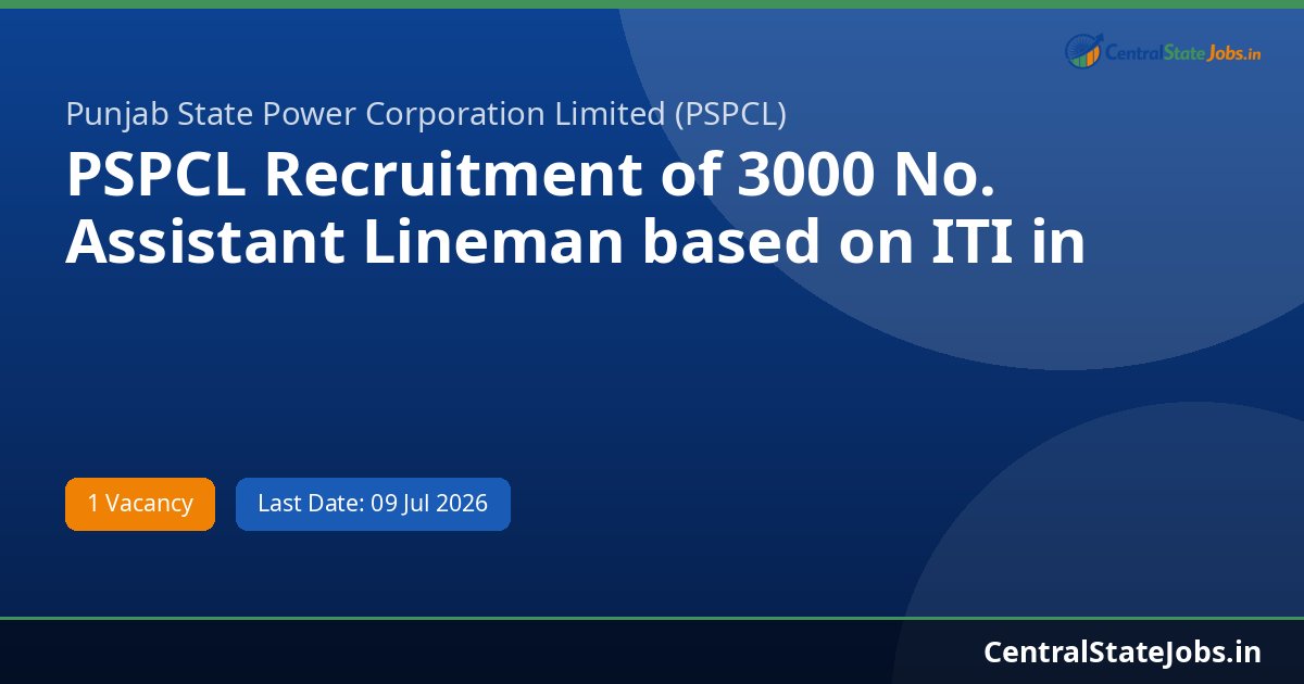 PSPCL Recruitment of 3000 No. Assistant Lineman based on ITI in Recruitment 2026