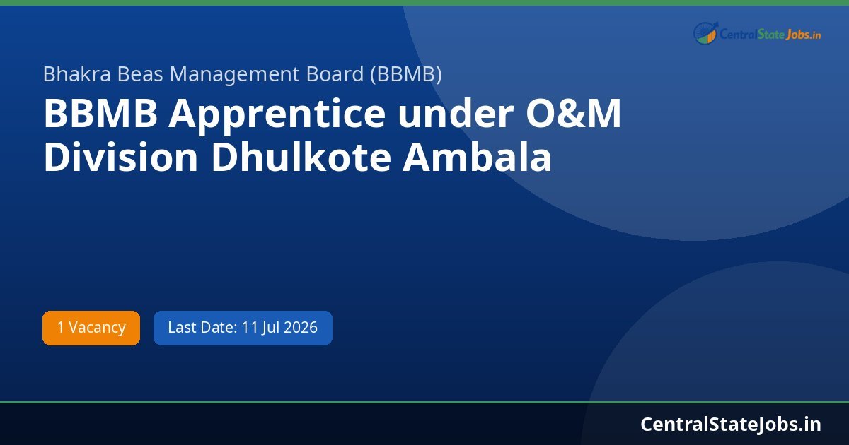 BBMB Apprentice under O&M Division Dhulkote Ambala Recruitment 2026