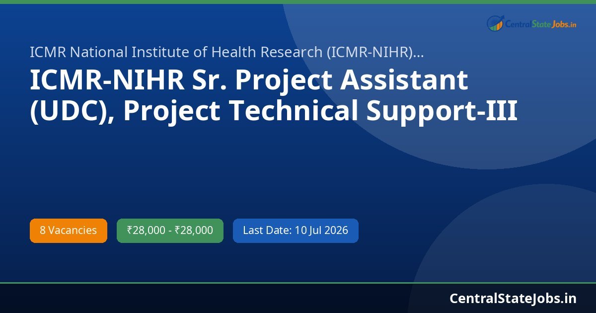 ICMR-NIHR Sr. Project Assistant (UDC), Project Technical Support-III Recruitment 2026