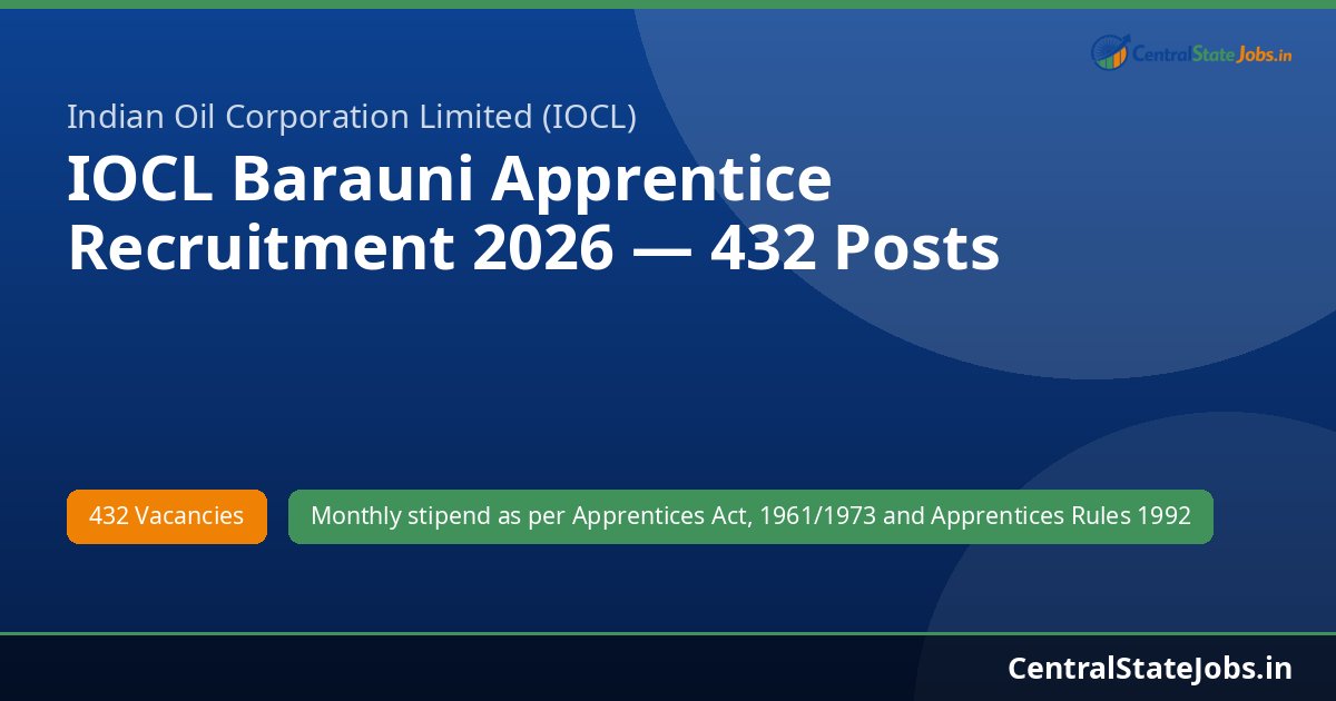 IOCL Barauni Apprentice Recruitment 2026 — 432 Posts