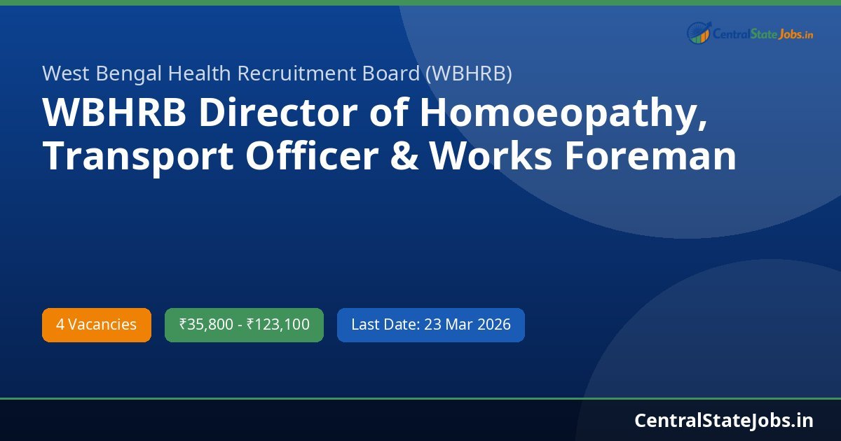 WBHRB Director of Homoeopathy, Transport Officer & Works Foreman Recruitment 2026
