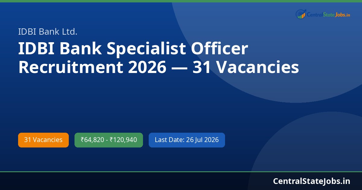 IDBI Bank Specialist Officer Recruitment 2026 — 31 Vacancies