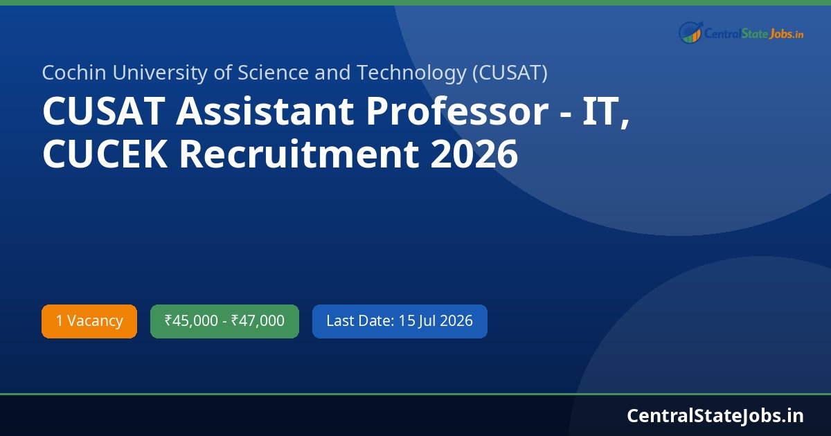 CUSAT Assistant Professor - IT, CUCEK Recruitment 2026