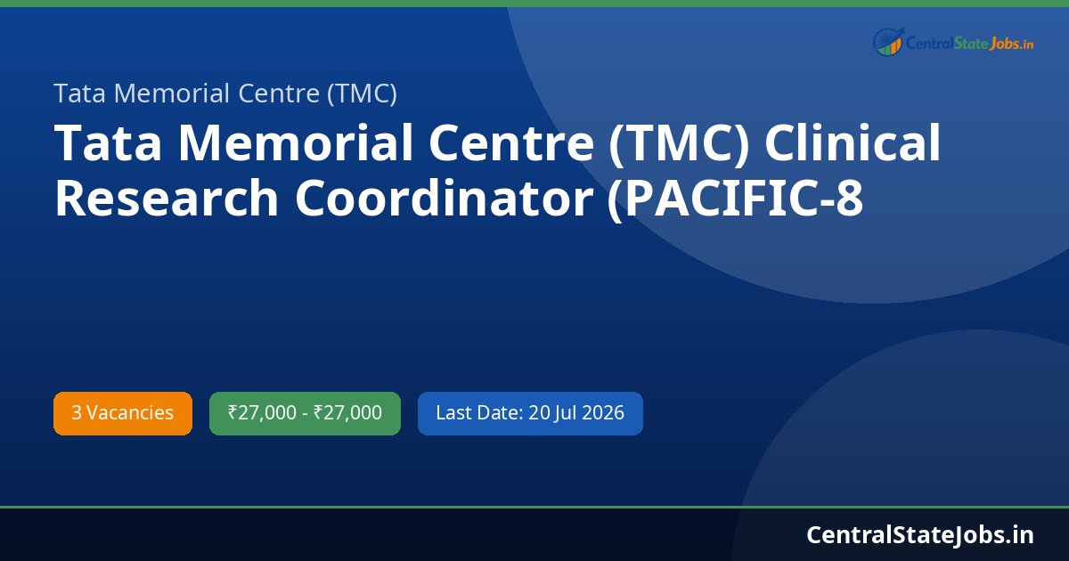 Tata Memorial Centre (TMC) Clinical Research Coordinator (PACIFIC-8 and CAPItello-292 Trials) Recruitment 2026 - 3 Posts