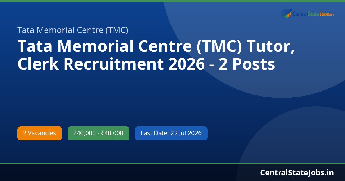 Tata Memorial Centre (TMC) Tutor, Clerk Recruitment 2026 - 2 Posts