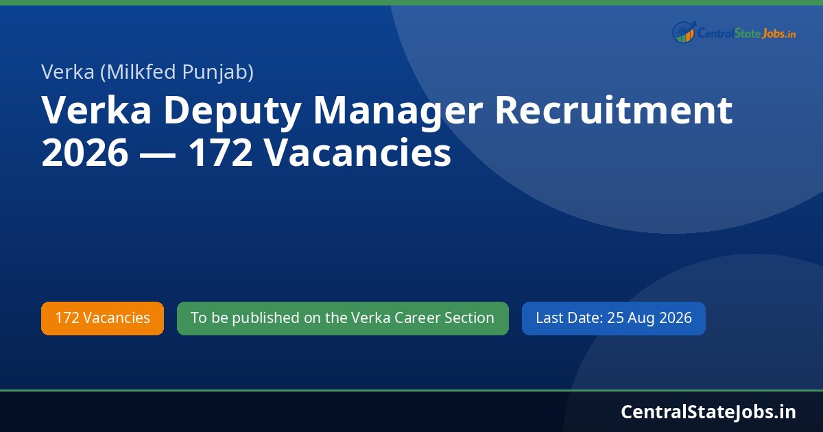 Verka Deputy Manager Recruitment 2026 — 172 Vacancies