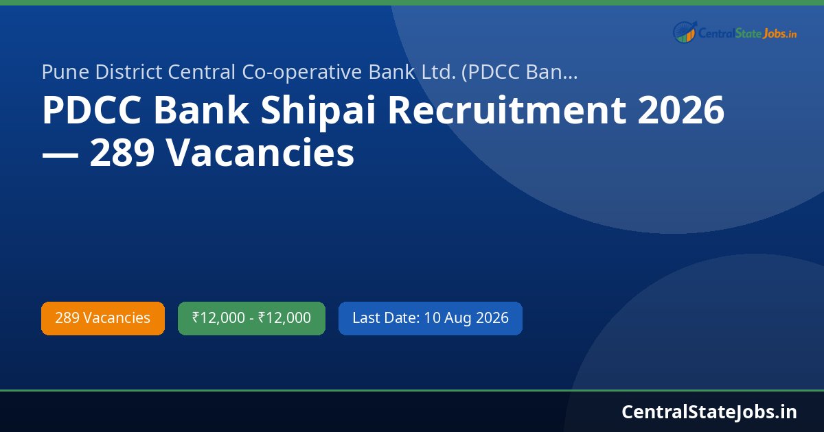 PDCC Bank Shipai Recruitment 2026 — 289 Vacancies